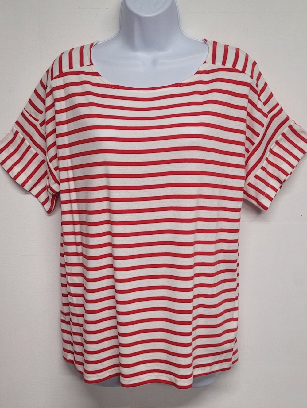 Jones New York M Short Sleeve Tee Red White Stripes 100% Cotton Stretch Knit